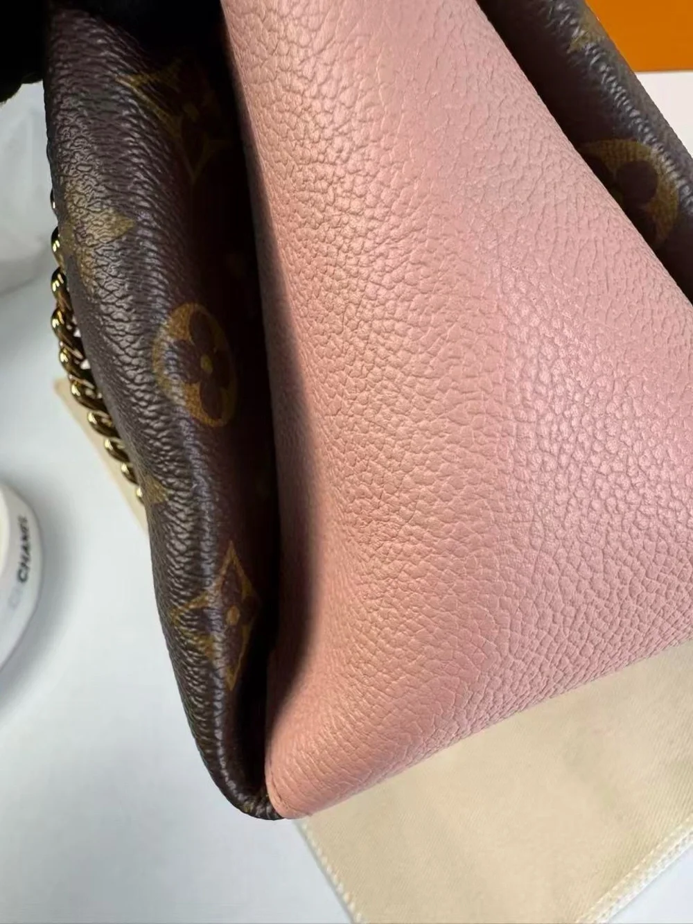 Louis Vuitton Monogram Canvas Shoulder Bag with Pink Trim and Gold Chain